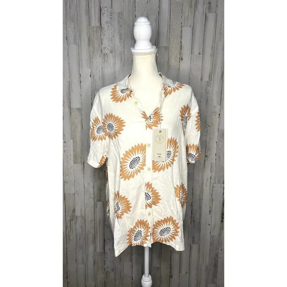 NWT Folk Mens Short Sleeve Sunflower Print Button-Up Shirt Size Small Multicolor - Picture 1 of 6